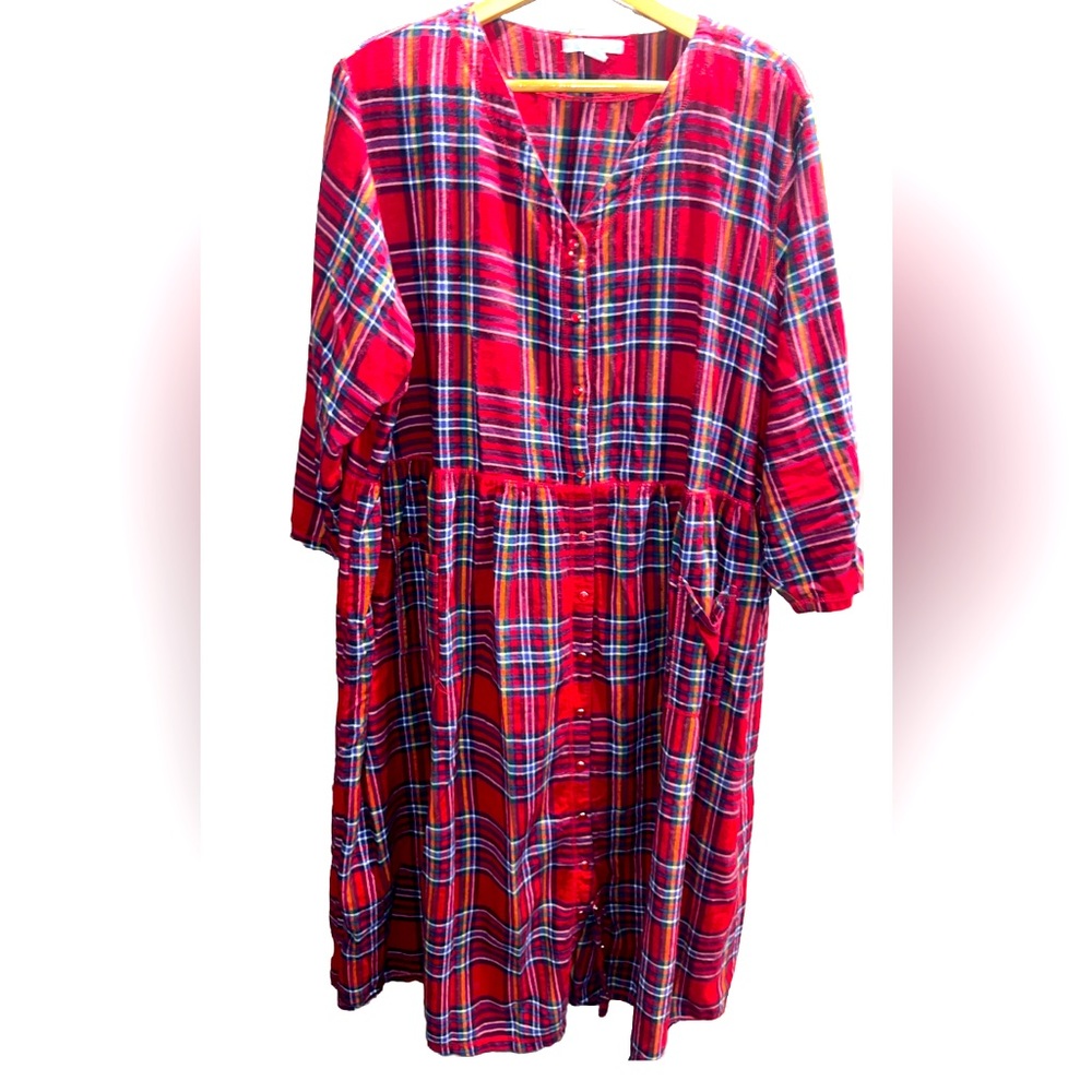 Red blue Plaid nightgown flannel DRESS,  Lounge Snap up pockets grandma mom 3XL